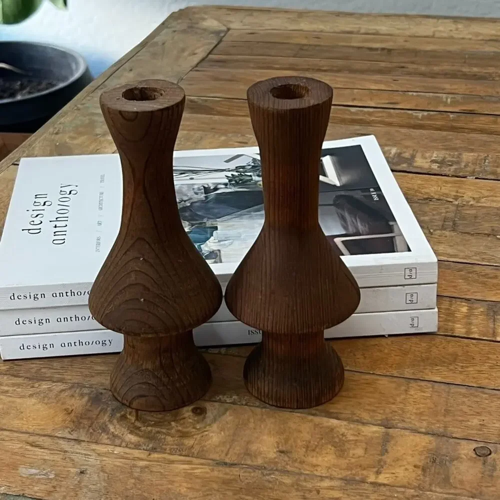 Hand Turned Wood Candlestick Holders Tapered 6.5